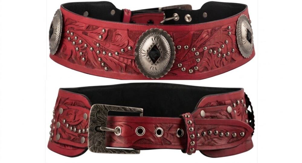 Juan Antonio Red Tooled Leather Western Belt Studded Silver Concho Wide Kidney S